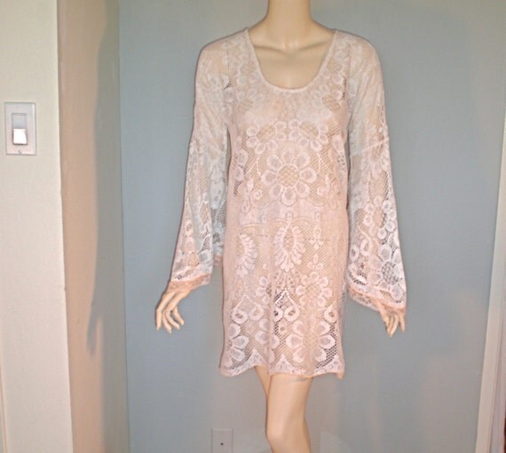 Blush floral Sheer LACE DRESS Angel Sleeve Hippie Wedding ooak M Blush floral Sheer LACE DRESS Angel Sleeve Hippie Wedding ooak M