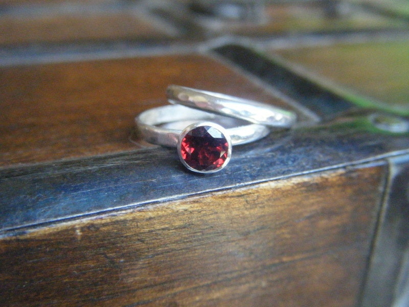 Rustic Garnet and Sterling Silver Stack Rings Size 5
