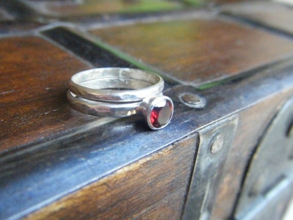 Rustic Garnet and Sterling Silver Stack Rings Size 5