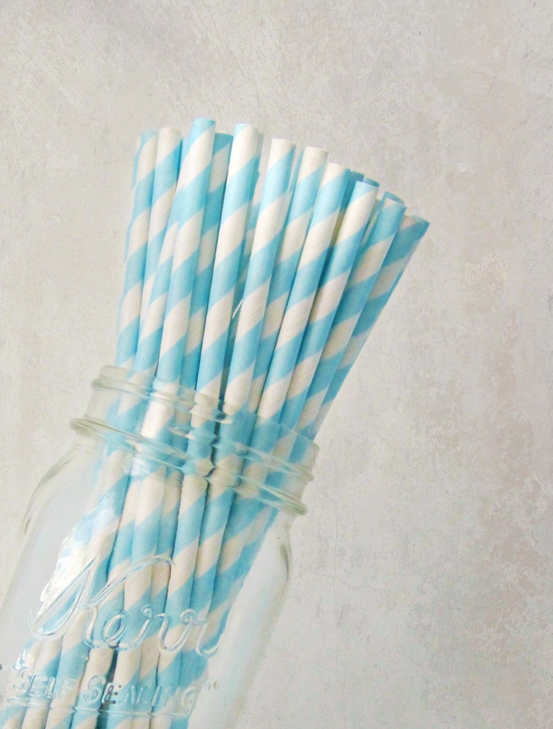 25 Light Aqua Blue Paper Straws, Party Striped Straws