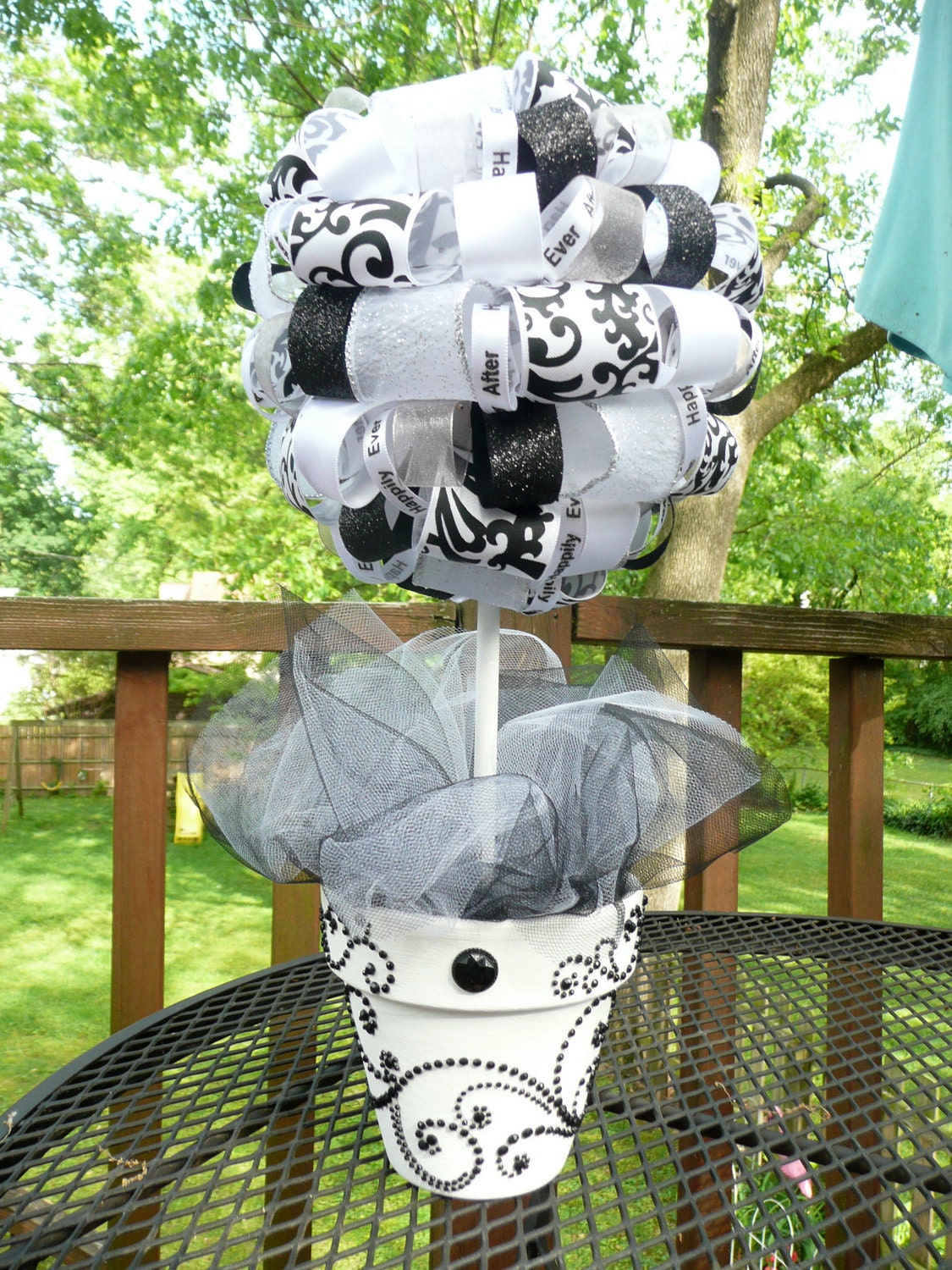 Black White Silver Engagement Wedding Ever After Ribbon Topiary Centerpiece