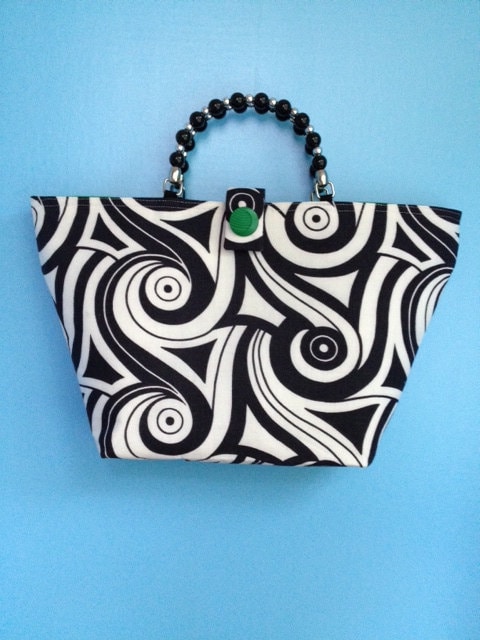 Mod Black and White Swirl Vintage Fabric Purse with Kelly Green Lining Beaded Handle and Sheer Scarf