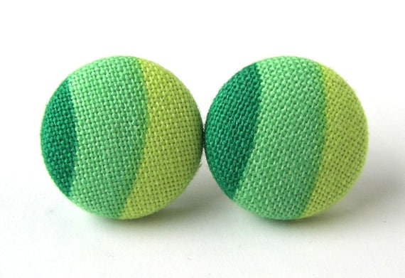 Unique button earrings studs green lime yellow stripe bright