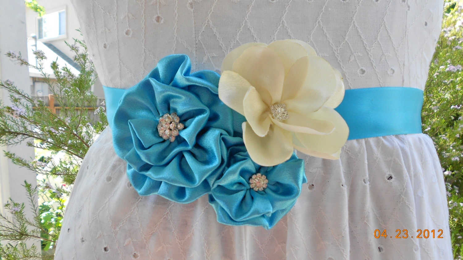 Tiffany blue and ivory wedding flower ribbon sash belt Ready to ship