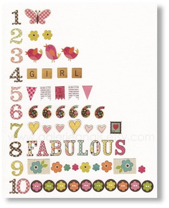 Nursery Decor Baby Art Kids Numbers Children, heart, flowers, nursery bird, kids bird, pink green, Count To Ten 8x10 print