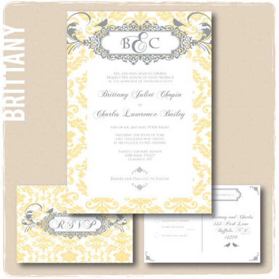 Wedding Invitations Modern Damask BRITTANY design in Yellow and Grey 