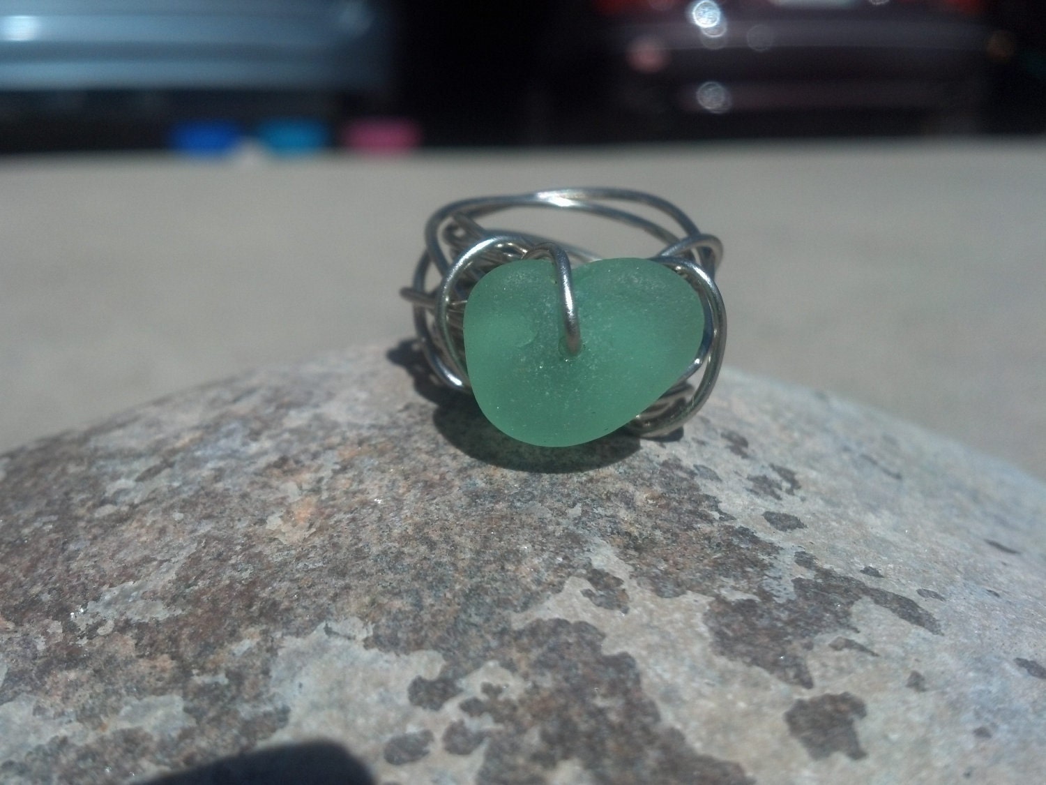 Green with Envy Beach Glass Heart Ring size 6 3/4 US