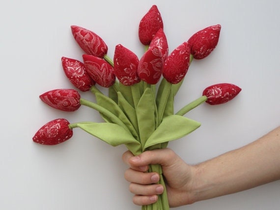 Dozen of spring flowers tulips fabric flower red tulip bouquet gift for 