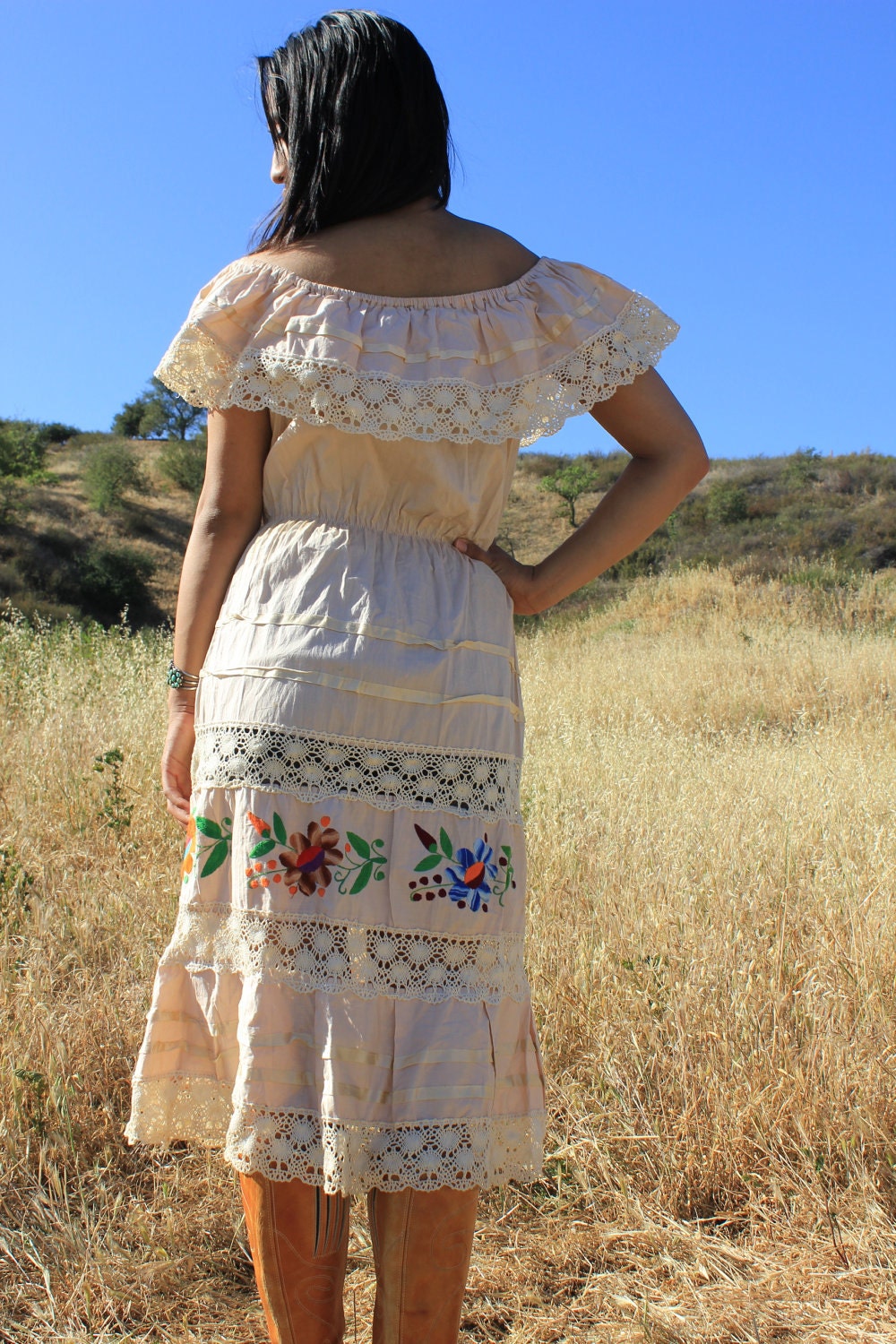 Sexy Senorita Oatmeal Cotton Bohemian Gypsy Vintage Mexican Hand Embroidered Dress
