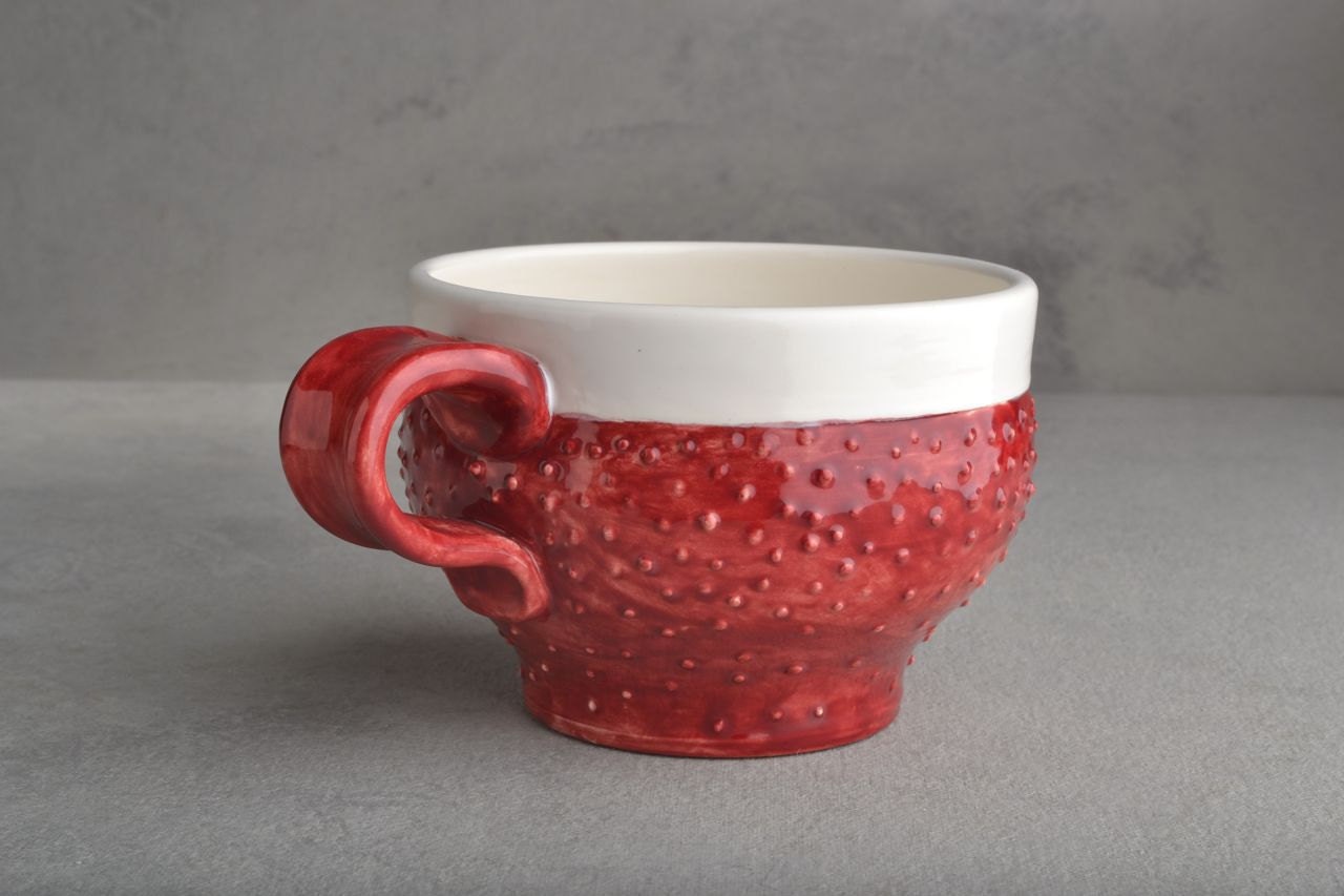 Dottie Mug: Red and White Dottie Soup/Cocoa Mug by Symmetrical Pottery