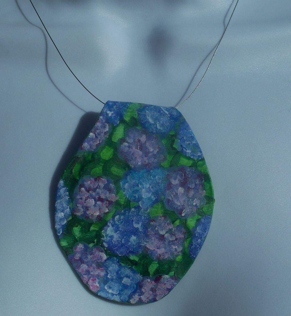 Wearable Art Hydrangea Print Floral Hand Painted Recycled Repurposed Vinyl Record Necklace