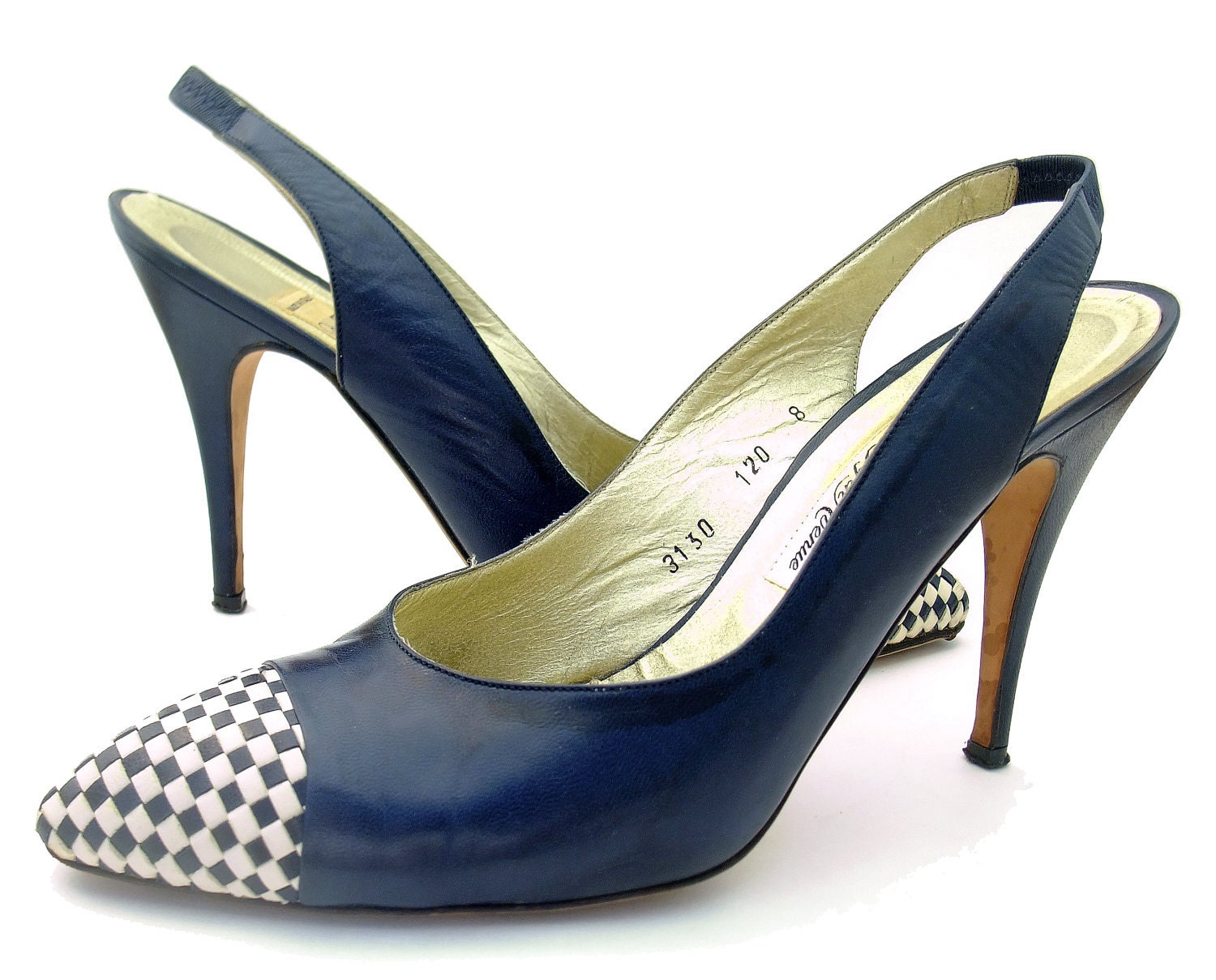 Vintage Leather Shoes Navy Blue White Woven by mysweetiepiepie