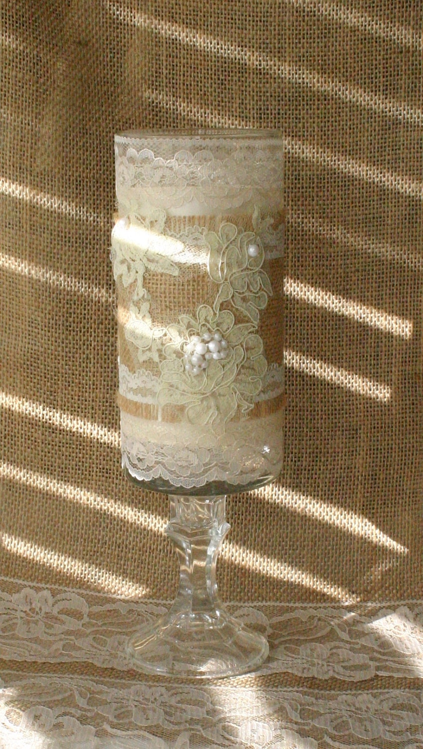 Indian wedding Ivory Vintage lace and burlap wedding vase French Country 