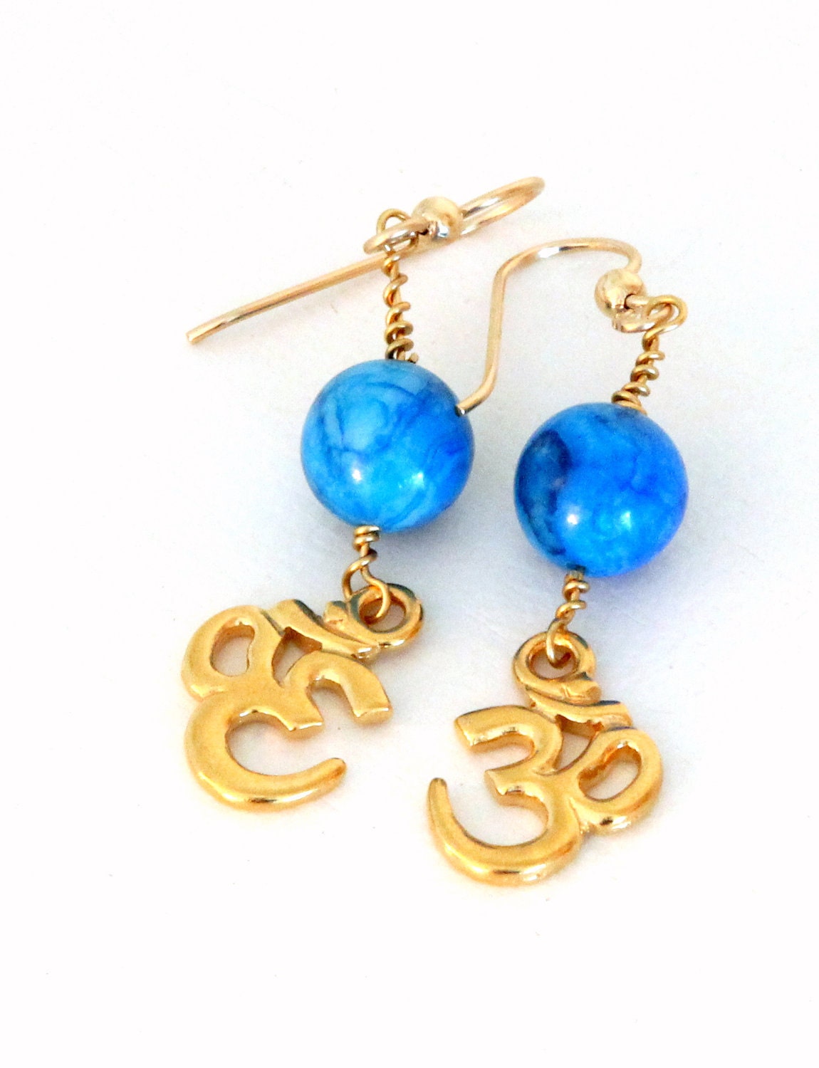 Blue Agate Bead Earrings Dangling Gold "Om" Charm