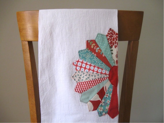 Flour Sack Tea Towel with Dresden Plate Embellishment in Red and Aqua