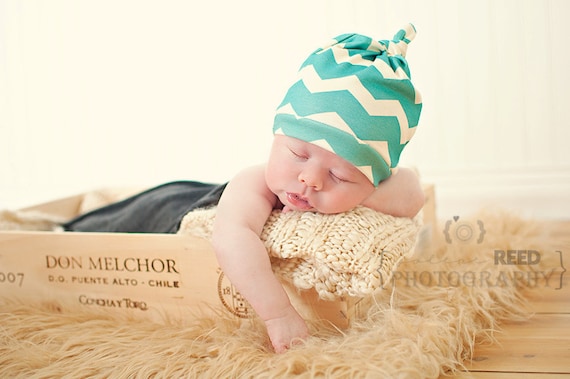 Newborn Hat, Turquoise Blue Chevron, Organic Cotton Knotted Baby Hat