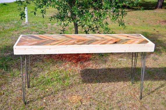 Espina de pescado LARGO regenerado Chevron palet laterales de madera, hall de entrada de entrada de forma de la consola de café para comer comedor sofá Mod. de mesa clásicos del pelo piernas perno de acero