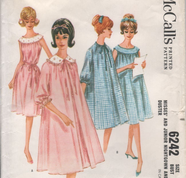 Vintage 60s NIGHTGOWN and Duster Sewing Pattern Sleepwear Nightie - size 16 - bust 36" (91 cm) - McCall's 6242