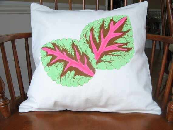 Hand Painted Pillow Cover Slipcover Coleus Pink Green Brown Washable 18 Inch
