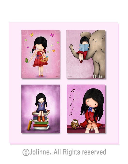 Girls wall art prints, nursery wall decor, children art, kids room decor, purple, pink, elephant , owl , books , Set of 4 prints