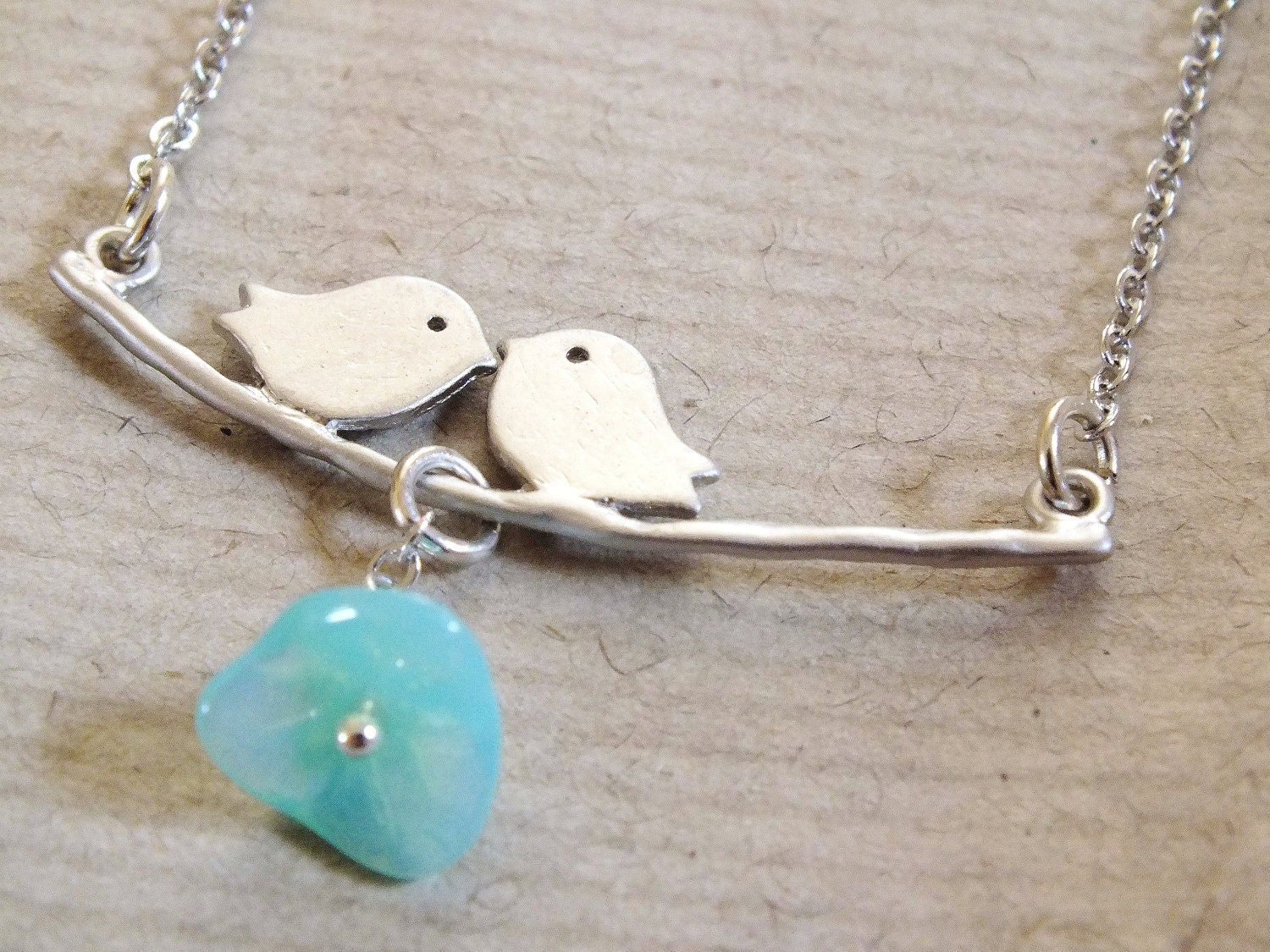 Love birds on Branch Silver Necklace Turquoise Glass Bead Nature 