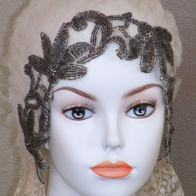 1920s Art Deco Flapper Beaded Cloche HeadPiece Rare 20s Flapper Wedding 