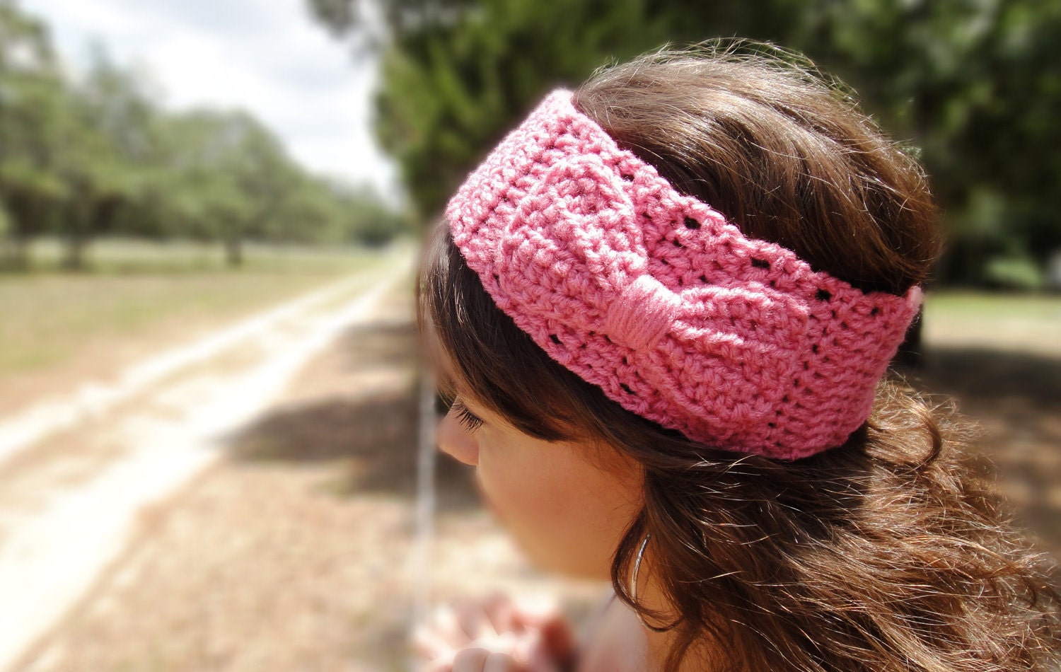 Pink Bow Headband / Earwarmer Crocheted