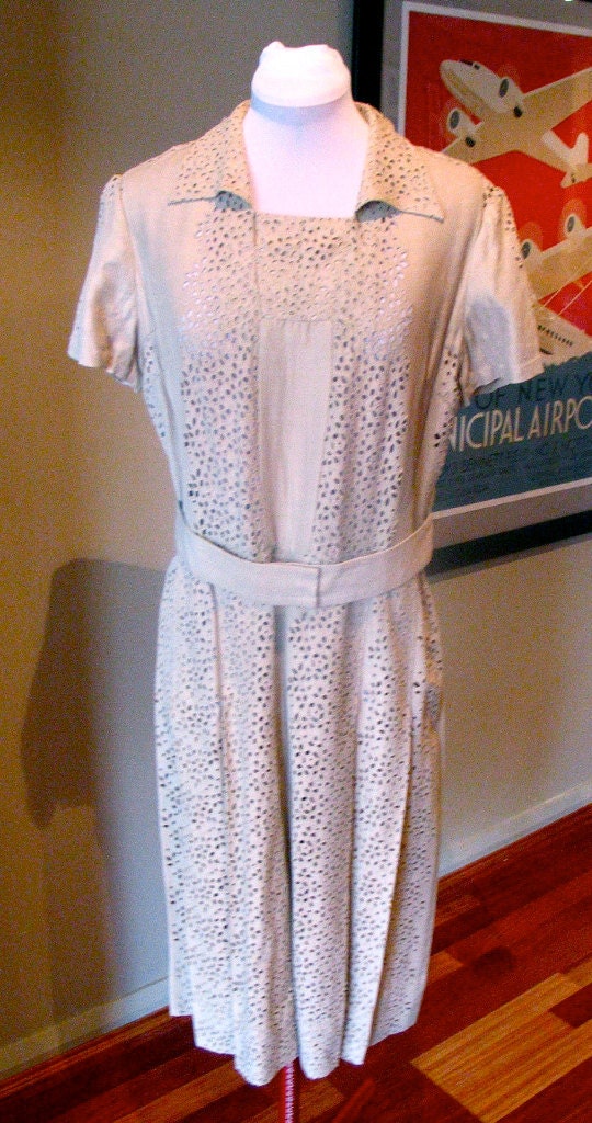 Vintage 1950s Dress with Eyelet Panels - L