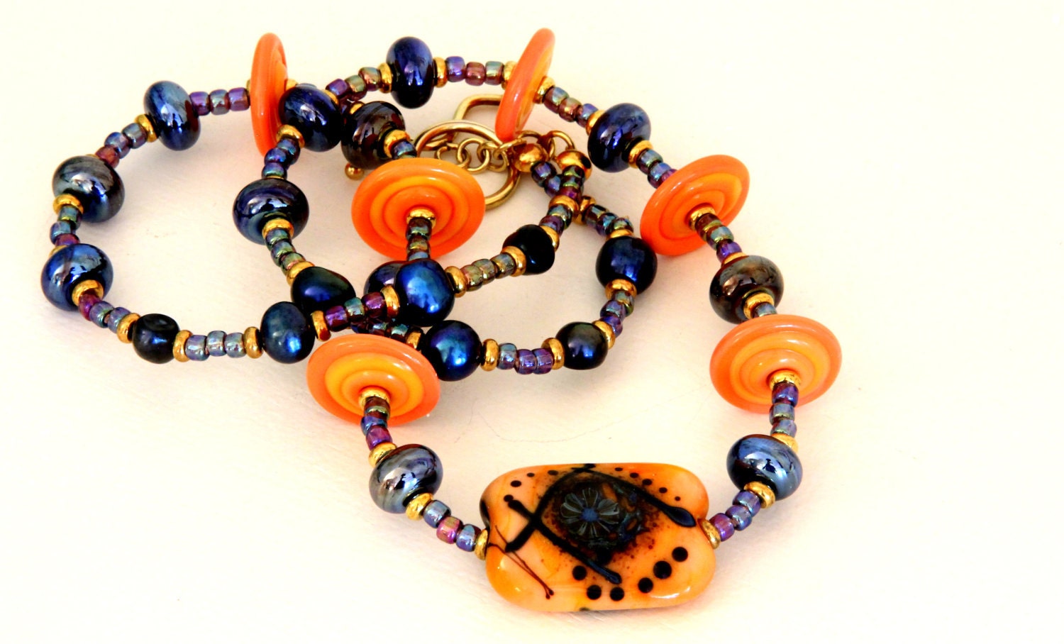 Lampwork Bead Jewelry Colorful Mango Peach Midnight Blue Necklace "Shine On"