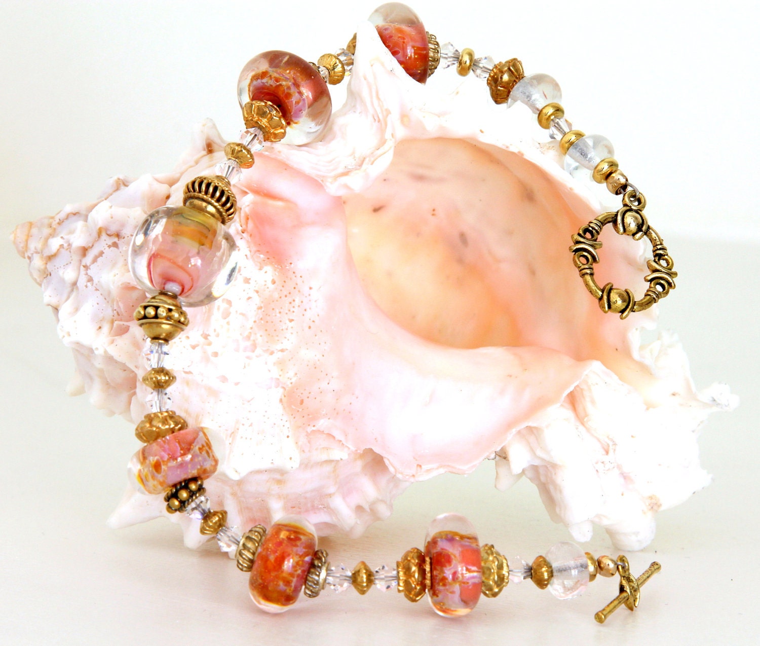Glass Beaded Bracelet Peach Lampwork Beads Jewelry