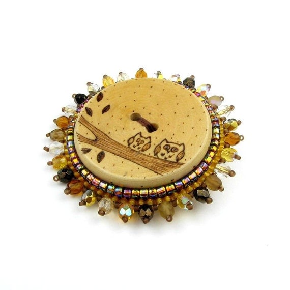 Wooden Owl Brooch, Large Button Pin, Oversized Badge, Bead Embroidered: TWO HOOTS - TheCrimsonMoon Wooden Owl Brooch, Large Button Pin, Oversized Badge, Bead Embroidered: TWO HOOTS - TheCrimsonMoon