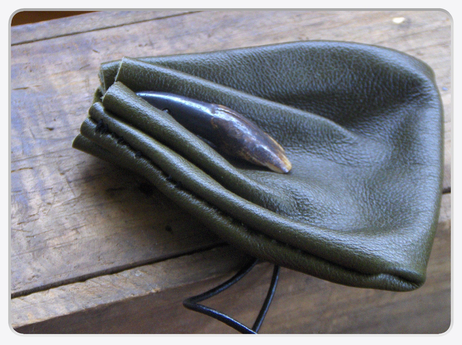 Tashina . Dark Olive Green- Brown Leather Shaman Medicine Bag & Stained Buffalo Tooth . Handmade Rustic  By Gray Wolf's Mother
