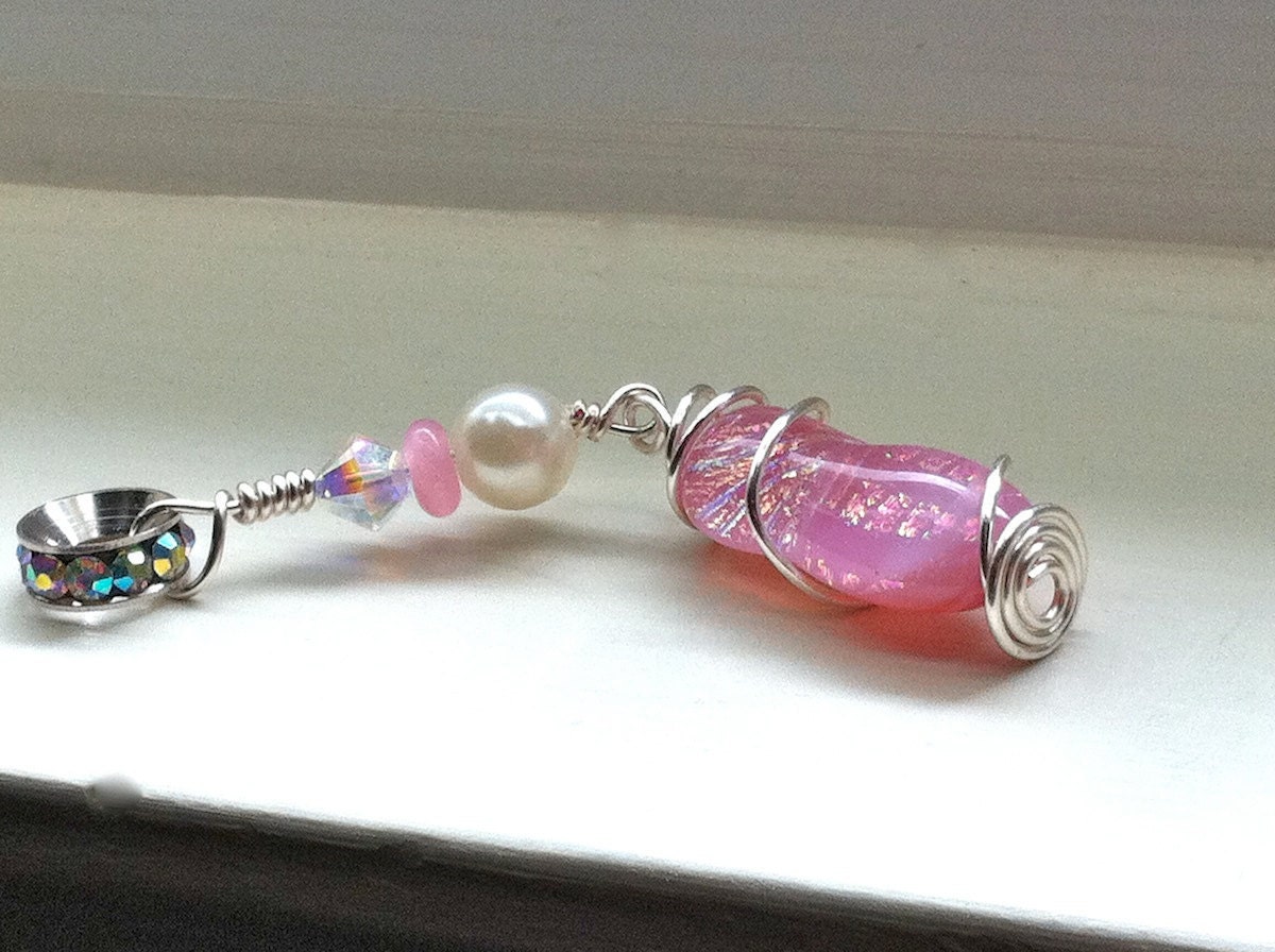 Long Carnation Pink  Dichroic Bead Wirewrapped Pendant