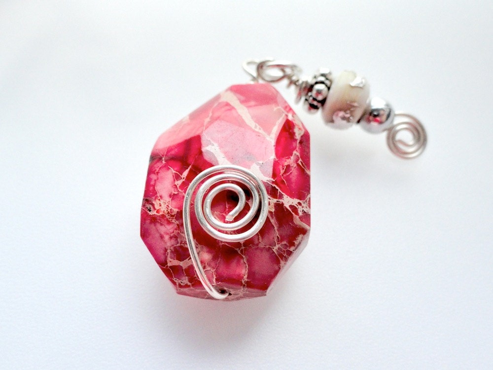 Coral Fushia Jasper Pendant with Ivory Lampwork Bead Dangle