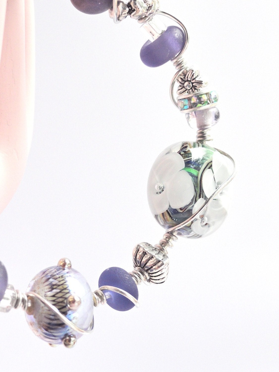 Lilac and Lavender Flower Lampwork Bead Wire Wrapped Bracelet
