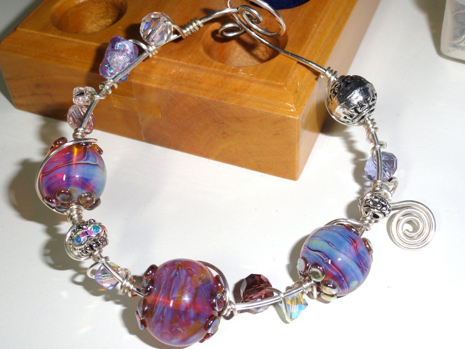 Moonlight & Roses Blue Rosy Amber Lampwork Bead Wire Wrapped Bracelet