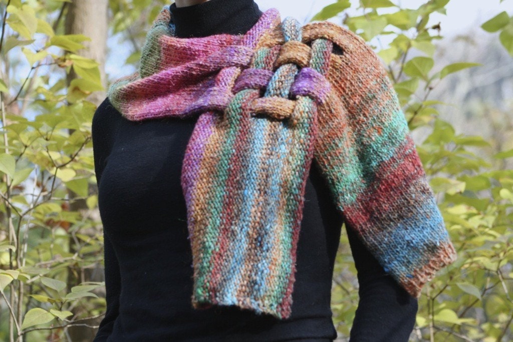 Unique Silk and Kid Mohair Neck Piece Scarf in Green, Pink, Blue, Purple and Orange Noro Yarn  FREE SHIPPING