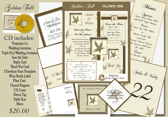 Delux Golden Fall Wedding Invitation Kit on CD From Printnthings