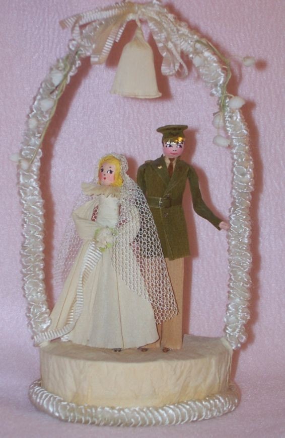 RARE WW2 Era 1940s Vintage Military Wedding Cake Topper Bride and Groom 