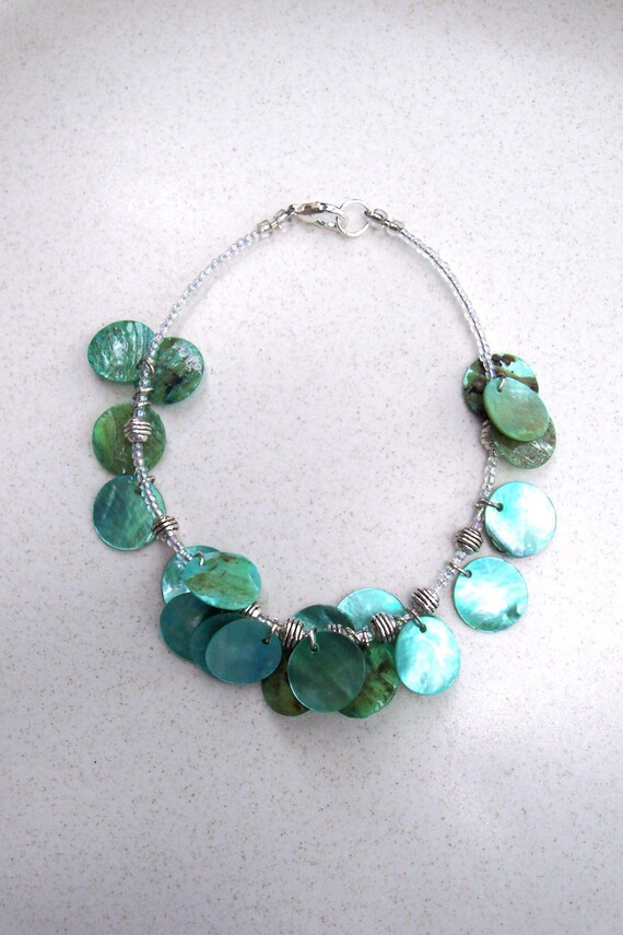 ROUND and ROUND and ROUND Green Mother of Pearl Dangle Anklet with Hanging Shell Disks