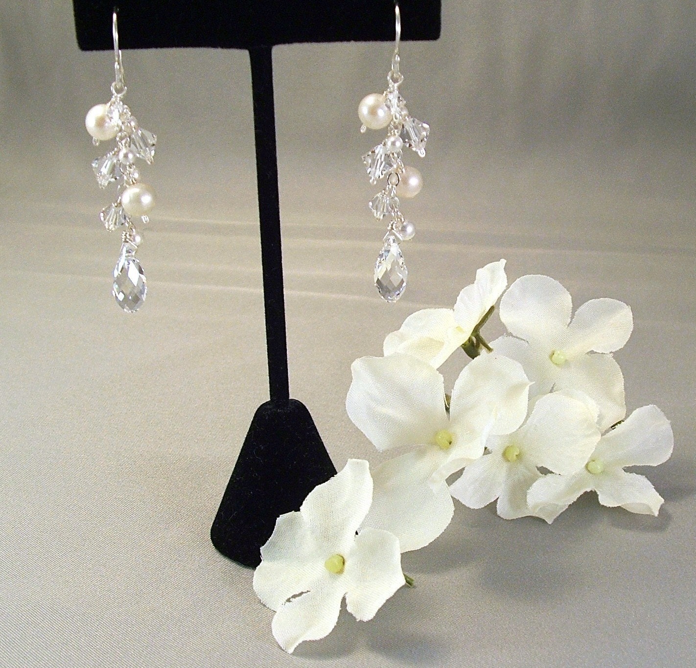 Wedding Cascade Earrings Freshwater Pearls and Clear by Handwired from etsy.com