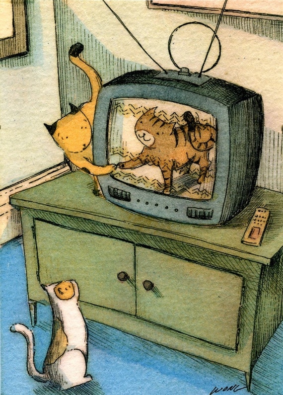Limited Edition Hand Painted ACEO ---- ---- ---- Cat TV