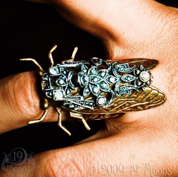 JEWELED CICADA Vintage Steampunk Ring Exclusive by 19 Moons - Neo Gothic Nouveau Alien Insect Bug Brass and Silver and Swarovski Crystal Jewel - Unisex FALL Ready To Ship