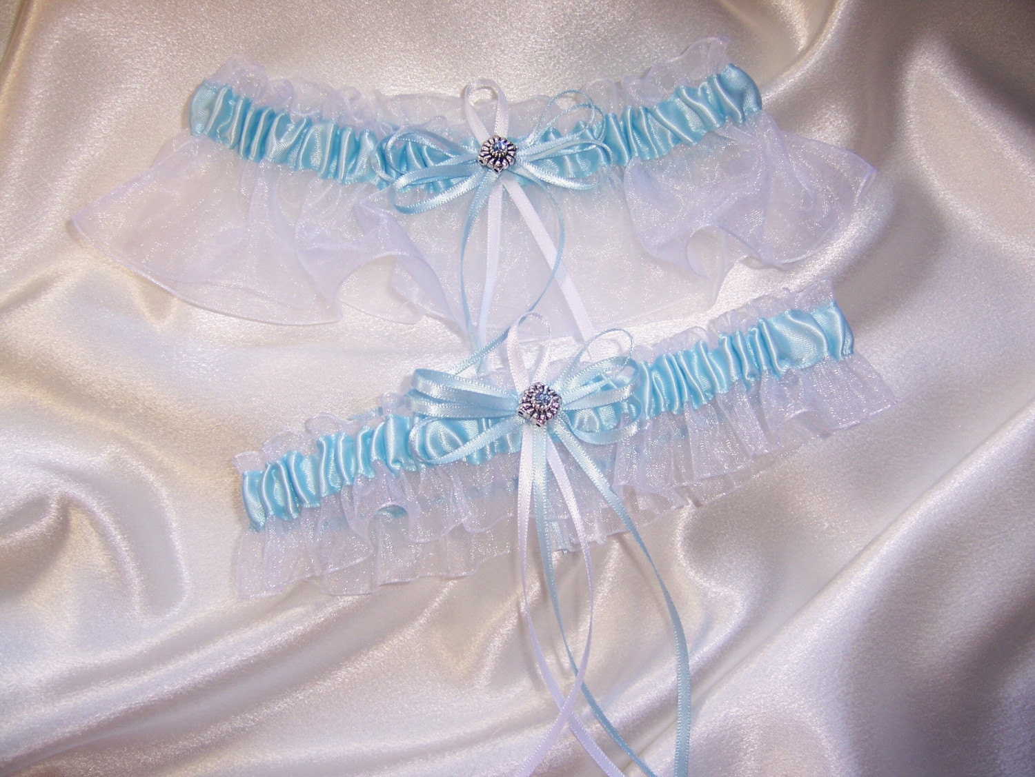 Elegant White and Light Blue Wedding Garter Set From GartersByKristi