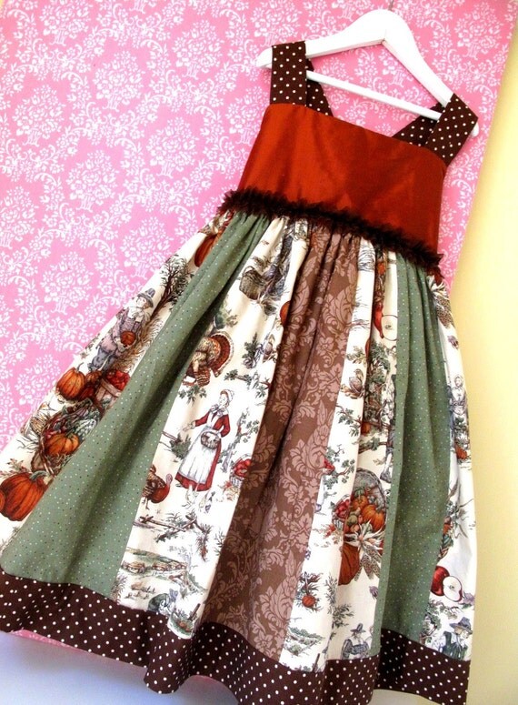 Girl's Thanksgiving Dress - pilgrim toile brown orange green jumper, size 5, 6 ready to ship