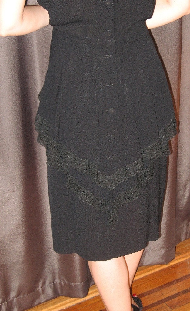 HOLIDAY SALE Vintage 1940's Black Rayon Lace Illusion Double Peplum Dress L