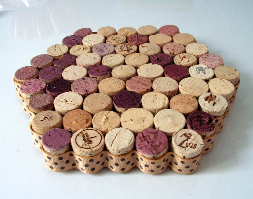 Upcycled Trivet made from Wine Corks with Polka Dot Ribbon Edge