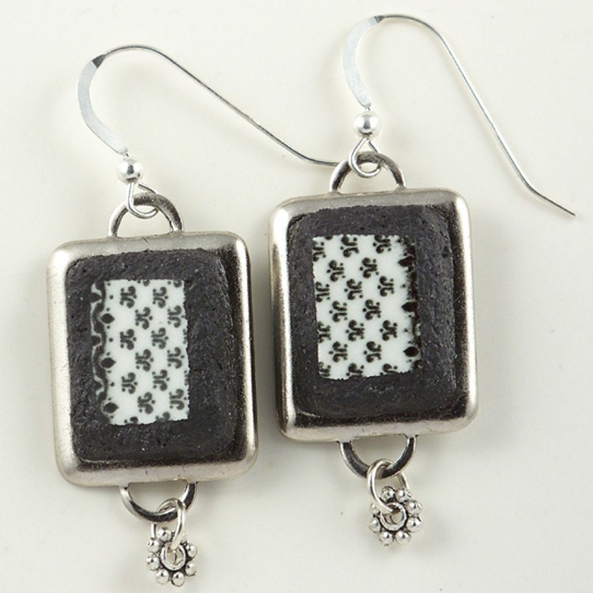 Black and White Upcycled Broken China Earrings