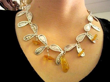 Sterling silver and Amber beads necklace, hammered leaves and beads