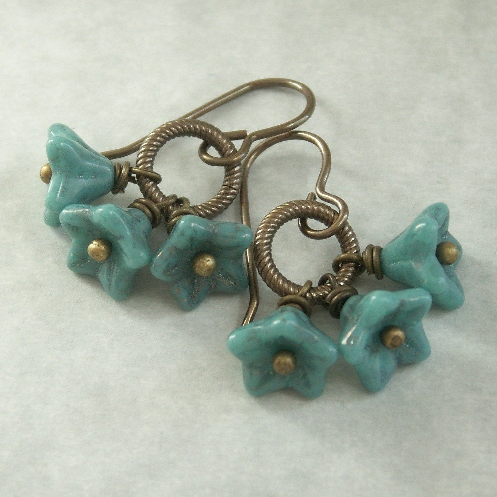 Spring Bouquet  - Turquoise colored Czech Glass Flowers on Antiqued Brass
